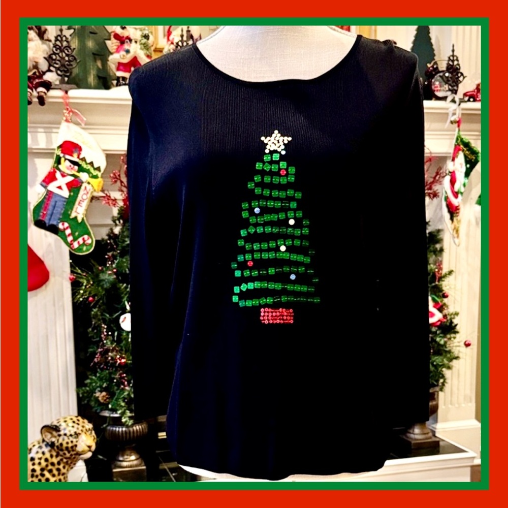 🌲CHRISTMAS KNIT 3/4 SLEEVE TOP W/BLACK TREE DESIGN - Sz XLP - STUDIO JOY